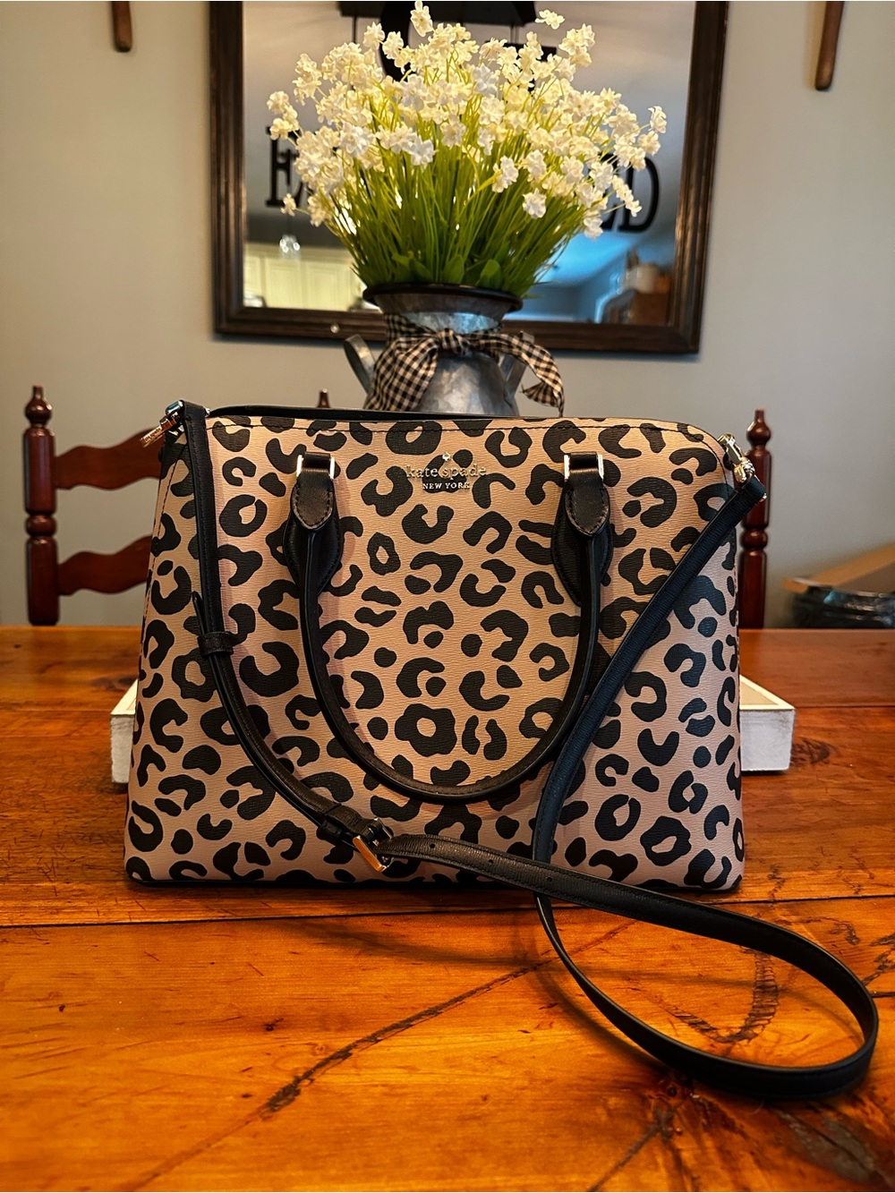 kate spade Leopard Print Satchel in Beige and Black with Crossbody Strap